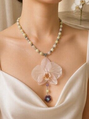 #287 HAND CRAFTED Necklace Handmade Orchid Dried Resin White Yellow Purple